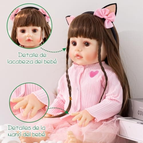 PUAMUBUA Reborn Baby Dolls 22" Silicone Baby Doll Full Body,Realistic Baby Dolls Girl with Birth Certificate Feeding Kit Toys in Gift Box for Kids Age 3+ (Pink Princess) - Thumbnail 4