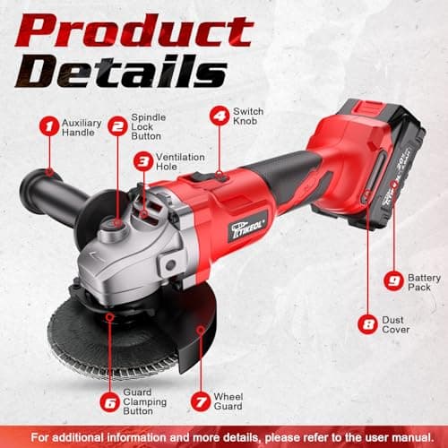 Tikeol 20V Cordless Angle Grinder Kit with 4.0Ah Battery & Charger - 4-1/2 inch Brushless Motor Cut-Off Tool Metal Cutting, Grinding & Polishing for DIY& Professional Use - Thumbnail 2