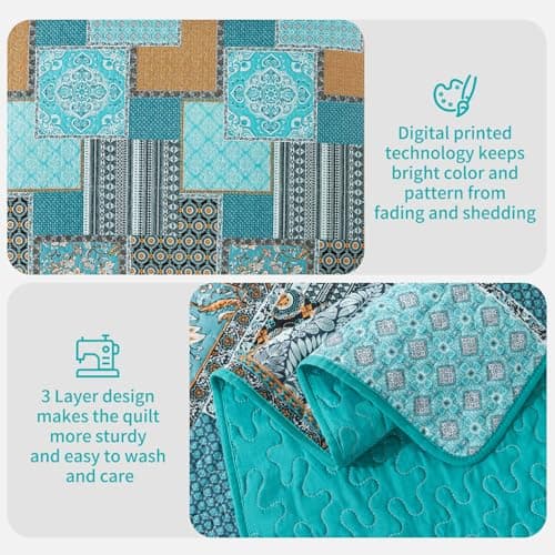 BEDISELY Cotton Bedspread King Quilt Set Boho Patchwork Bedding Set Farmhouse King Quilt 3-Piece Lightweight Reversible Bed Coverlet with 2 Floral Pillowcases for All Seasons (98”x106”) - Thumbnail 3