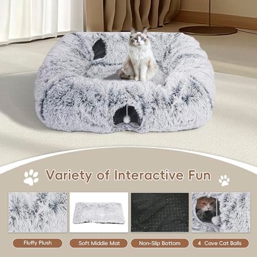 Extra Large Cat Tunnel Bed, 4 Ways Tunnels for Indoor Cats, Multi-cat Family Cat Bed & Cave, Plush Cat Donut with Washable Middle Mat, Exit Balls, Pet Play Toy for Kitten Puppy Rabbit - Thumbnail 5