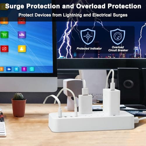 Flat Extension Cord 15 ft, Surge Protector Power Strip with 8 Outlets 4 USB Ports, 3 Prong, Outlet Extender Long Cord, Overload Protection for Indoor, Office Supplies, Dorm Room Essentials, White - Thumbnail 4