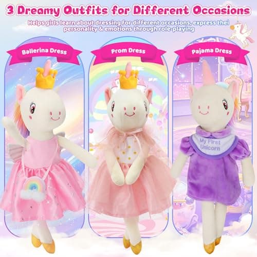 Unicorn Toys for Girls Age 4-6, Ballerina Doll Toys for Girls 3-5, Ballet Dress up Stuffed Animals Dolls with 3 Sets of Clothes & Plush Bag, Unicorn Birthday Gifts for Kids Age 3 4 5 6 7 8 9 10 - Thumbnail 2