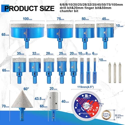 BRSCHNITT Diamond Tile Hole Saw Kit with Pilot Bit - (6-100mm) Dry Diamond Core Drill Bit Triangle Shank&Tile Blade for Porcelain Tile Ceramic Stone Granite Marble - Thumbnail 2