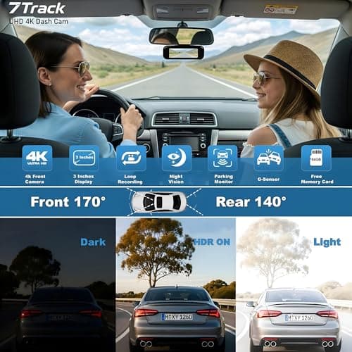 Dash Cam Front and Rear, 4K+1080P Dash Camera for Cars, 7Track Dual Car Camera with WiFi/APP Control, 64GB Card, 3.19" IPS Screen, WiFi, HDR, Night Vision, Parking Mode, Loop Recording - Thumbnail 2