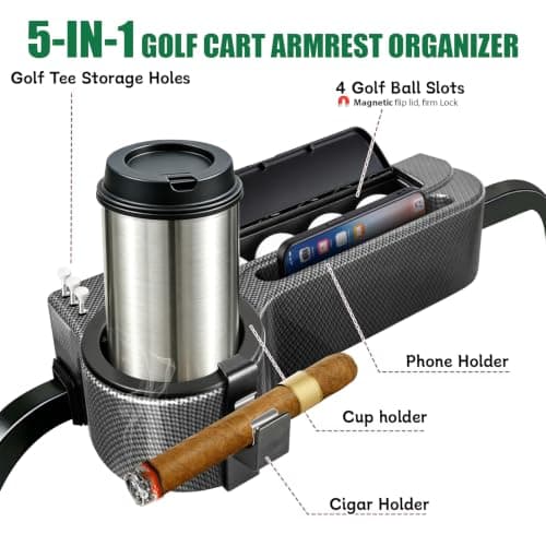 ProCartFit Upgrade Golf Cart Rear Seat Armrest with Cup Holder, UV-Proof Golf Cart Accessories for EZGO, Club Car, Yamaha, All-in-One Arm Rest Fit 1"/1.25" Square Tube, No Drilling, Carbon Fiber - Thumbnail 2