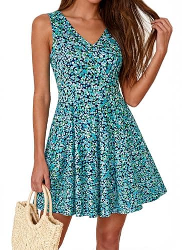 BTFBM Womens Summer Dresses 2026 Spring Casual Sleeveless Floral Knit Flowy A-Line Mini Dress Pockets Beach Sundress(Floral Blue Green, Small) - Image 1