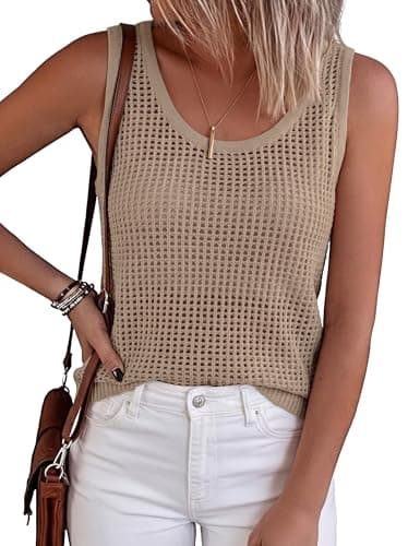 Totatuit Womens Summer Crochet Sleeveless Sweater Vest Round Neck Hollow Out Knit Tank Tops Casual Loose Cami Tops Khaki - Image 1