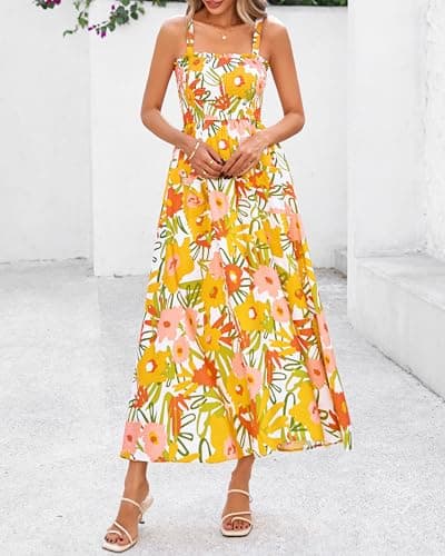 PRETTYGARDEN Womens Summer Dresses 2026 Casual Spaghetti Strap Ruffle Smocked Flowy Floral Spring Maxi Dress with Pocket(White Yellow Flower,X-Large) - Thumbnail 2