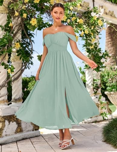 GRACE KARIN Summer Light Green Dress for Women 2026,Off the Shoulder Smocked Bridesmaid Dresses,Formal Baby Shower Maxi Dresses XXL - Thumbnail 2