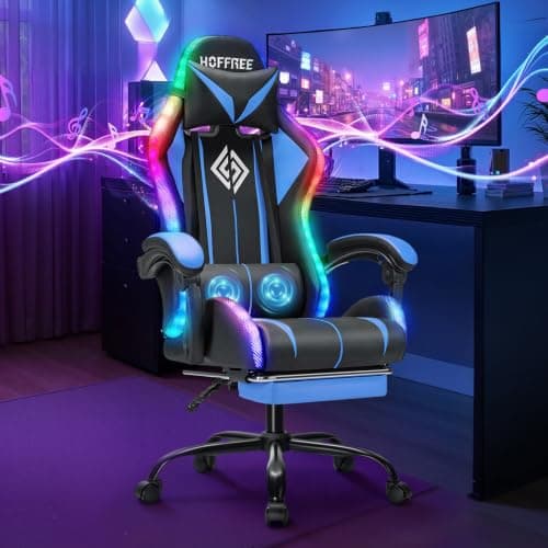 HOFFREE RGB Gaming Chair with Speakers Massage Computer Gaming Chair with LED Lights and Footrest High Back Video Game Chair for Adults Blue and Black