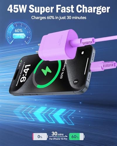 Type C Charger Fast Charging, 6.5FT/2M USB C Charger Fast Charging for Samsung S25/S24/Plus/Ultra, PD 3.0 GaN Type C Charging Block Compatible with iPhone 17/16/15 and More (Purple, 2 PCS) - Thumbnail 2