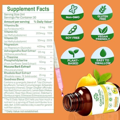 Suiyilary Cortisol Liquid Drops Support Supplements for Men and Women, Cortisol Detox Hormone Balance with Magnesium, Ashwagandha, L-theanine for Mood Support, Lemon Flavor, 60ml - Thumbnail 2