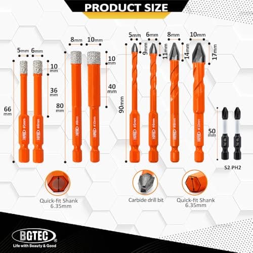 BGTEC Diamond Drill Bit Set 10PCS - 5/6/8/10MM Tile Bits & 5/6/8/10MM Eccentric Drill bit with PH2 Screwdriver Bit for Porcelain Tile Marble Granite Concrete Wood Masonry - Thumbnail 4