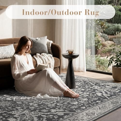 AMOAMI-Outdoor Rug-Patio Rug 5x8 ft Quick Dry Flatweave Textured Machine Washable Outdoor Carpet with Rubber Particles Backing Vintage Outdoor Area Rug for Patio Deck Front Porch Balcony Greyish Black - Thumbnail 2