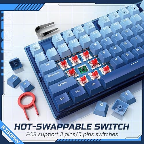 RisoPhy 60 Percent Mechanical Gaming Keyboard - 82 Keys Hot Swappable, Linear Silent Red Switches, Blue PBT Keycaps, Compact Mini RGB Led Backlit Wired, Pro Driver Supported - Thumbnail 2