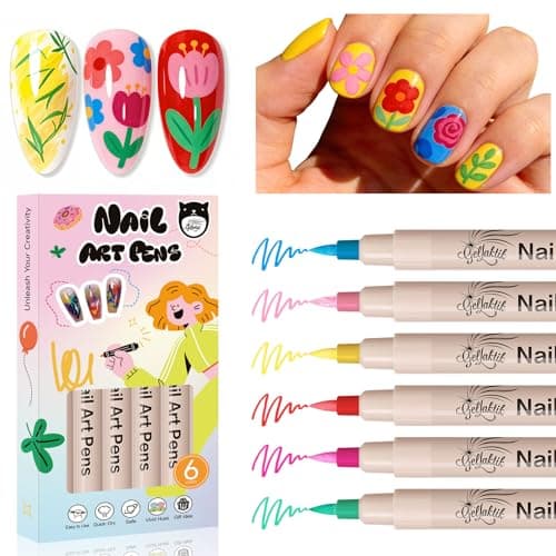 6 Colors Nail Art Pens Set, Spring Neon 3D Nail Polish Pens 0.7mm, Quick-Drying Acrylic Paint Markers, Dotting Liner Brush for DIY Nail Design, Home & Salon Manicure Tools Beginners Gifts - Image 1