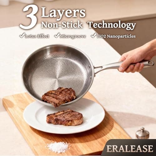 ERALEASE Titanium Pan - 12 Inch Non Stick Titanium Skillet for Cooking | Durable Scratch-Resistant Cookware, Hammered Frying Pan with Lid | Safe for Oven, Induction & All Cooktops - Thumbnail 4