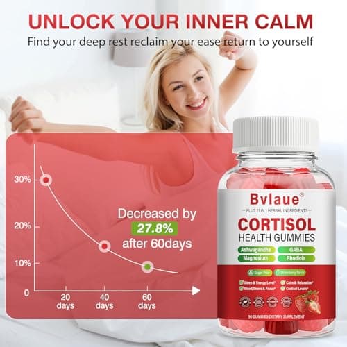 Bvlaue Cortisol Supplements for Women & Men - Cortisol Reducer Detox Manager with Ashwagandha/Magnesium/L-theanine/GABA/Vitamin B6 for Mood/Sleep/Stress Relief 90 CT Strawberry Flavor Gummies - Thumbnail 4