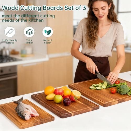3 Pack Solid Acacia Wood Cutting Boards Set, Hardwood Chopping Boards for Kitchen, Reversible Multipurpose Board, Decorative Charcuterie Board, Bread Cheese Serving Tray - Thumbnail 2