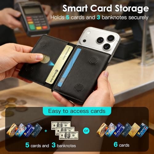 for Magsafe Wallet with Find My,6 Cards Holder,RFID Blocking,Strongest Magnetic Wallet for iPhone 17/16/15/14/13/12 Series,Not for 13/12 Mini,Leather magnetic card holder with Finder Tracker,Black - Thumbnail 3