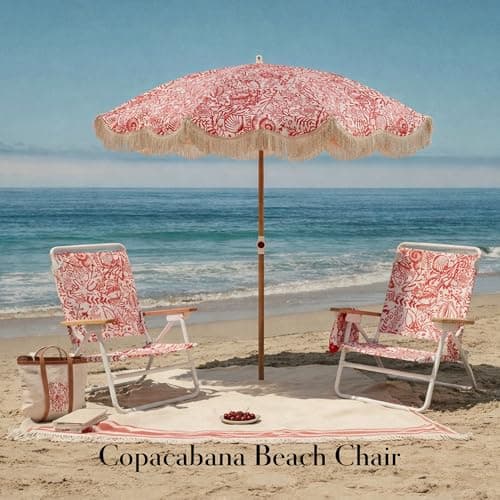 DEER LAND 5-Position Low Beach Chair, Portable Lightweight Folding Beach Chair with Wooden Armrests, Storage Pouch & Carry Strap, Coastal Beach Print – Reef Crimson - Thumbnail 2