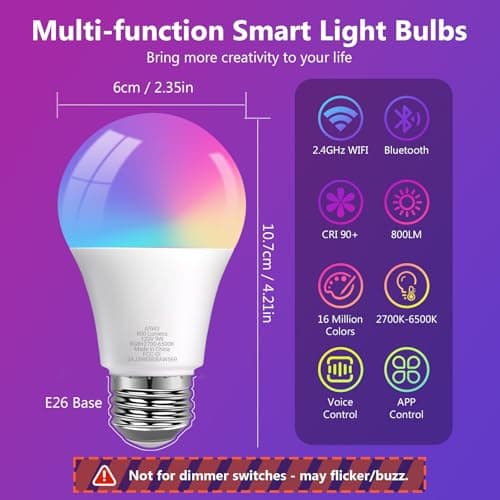 DAYBETTER Smart Light Bulbs, RGBCW Color Changing Smart Bulb Compatible with Alexa & Google Home,Preset Scene, Music Sync, A19 E26 2.4G WiFi Bluetooth Dimmable LED Bulbs, 60W Equivalent, 800LM, 6 Pack - Thumbnail 4