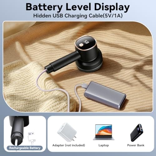 Smyeviva Rechargeable Fabric Shaver for Clothes: 6-Leaf Blades & 3 Speeds to Remove Pilling, Fuzz & Lint Balls - with LED Display, Portable Electric Lint Remover for Sweater, Couch, Blanket, Furniture - Thumbnail 5