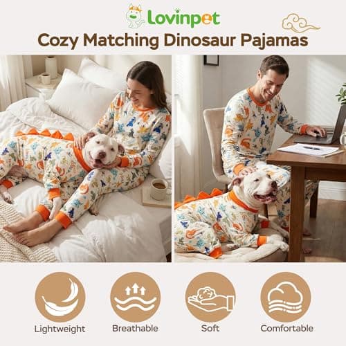 LovinPet Pajamas Set Long Sleeve Sleepwear for Women and Men, Soft Pull-On PJ Loungewear with Pockets, Matching Dog and Owner Pajamas, Dinosaur Print, Orange, 3XL - Thumbnail 5