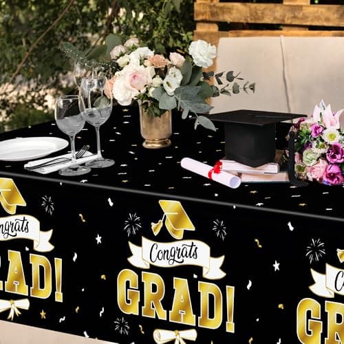 2Pack Graduation Decorations 2026, 108" X 54" Graduation Tablecloth, Blackgold Rectangle Class of 2026 Table Cloths, Disposable Plastic Congrats Grad Tablecover for Grad Party Favors Supplies - Thumbnail 5