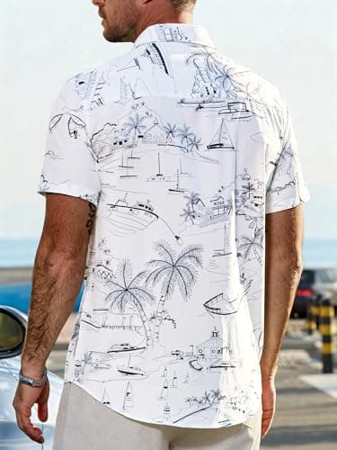 JEMLDL Men's Hawaiian Short Sleeve Button Down Shirt Wrinkle-Free Lightweight Clothing Geometric Printed Vacation Travel White Geometry Large - Thumbnail 2