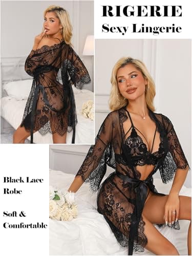 Rigeri Women's Lace Kimono Robe Babydoll Lingerie Nightgown Black XS - Thumbnail 4