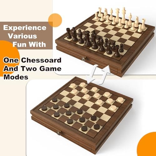 Premium Natural Walnut 13" x 13" Magnetic Wooden Chess Set with 1 Built-in Storage Drawers - 2 Bonus Extra Queens - 24 Checkers Pieces - Staunton Chess Pieces, Board Games Chess Sets - Thumbnail 2