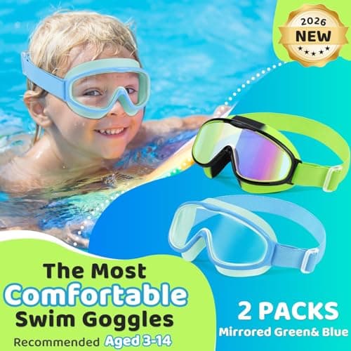 2 Pack Kids Swim Goggles for 3-14, Fabric Strap Wide View Anti Fog& UV - Thumbnail 2