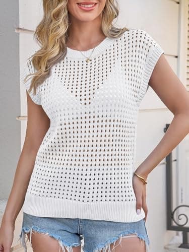 Saodimallsu Womens Crochet Sweaters Summer Cap Sleeve Knit Tops Lightweight Crewneck Beach Vacation Clothes White - Thumbnail 2