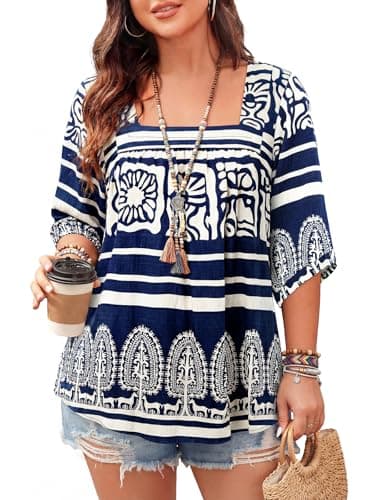 Bulotus Women's Plus Size Boho Tops Square Neck 3/4 Sleeve Loose Fit Vacation Blouse Soft Wrinkle-Resistant Travel Top 2026 Spring Summer, Blue Printed, 5XL - Image 1