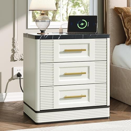 RECHHX 3 Drawer Dresser for Bedroom, 25.6" Tall Nightstand with Charging Station, Farmhouse 23.6" Wide End Table, Thermoformed Curved Small Chest of Drawers for Bedroom, Living Room, White