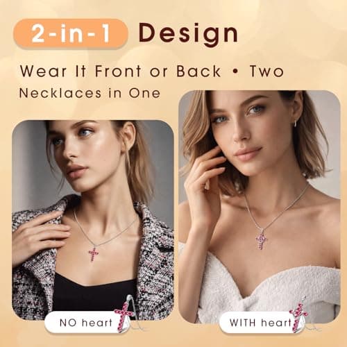 Cross Necklace for Women, Heart Cross Necklace for Women, 18K Gold Plated, Silver Necklace for Women, Dainty Cubic Zirconia Pendant, Hypoallergenic Jewelry for Women, Christian Religious Gifts(Rose Red-Silver) - Thumbnail 3