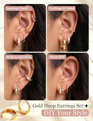 8 Pairs Gold Hoop Earrings Set for Women, 14K Gold Plated CZ Cartilage Earring for Multiple Piercing, Lightweight Hypoallergenic Small Hoop Stackable Jewelry Gift - Thumbnail 5