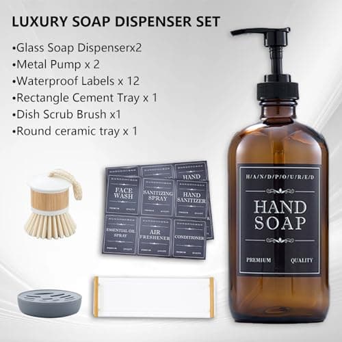 Soap Dispenser Set – 16oz Refillable Amber Glass Bottles with Brush Holder, Dish Scrub, Diatomite Tray, 12 Waterproof Labels – Brown Non-Slip Base for Home Upgrade, Rustic Farmhouse Style (Set of 6) - Thumbnail 4