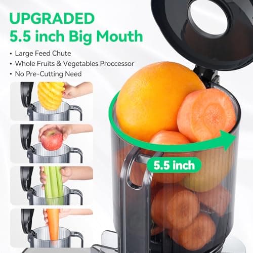 Cold Press Juicer, ORMEO HOME Masticating Juicer Machines with 5.5" Large Feed Chute Fit Whole Vegetables & Fruits, with Pulp Seperation 99.6% Juice Purity, Quiet Motor Easy to Clean BPA Free - Thumbnail 2