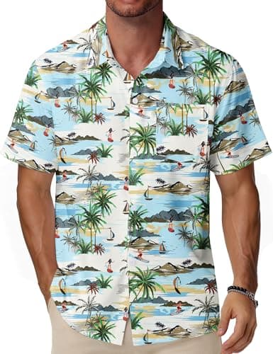 EoBeKee Short Sleeve Hawaiian Shirt for Men, Tropical Island Scenery Print Casual Button Down Shirt for Summer Relaxing Holiday - Image 1