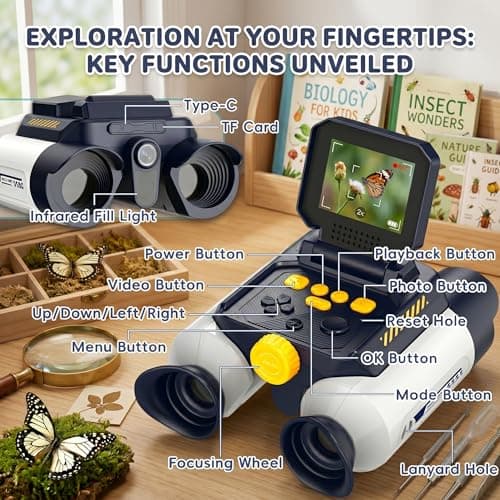 OAEBLLE Kids Binoculars with Night Vision Camera, 10X Zoom Digital Adventures Telescope with 2.4" IPS Screen, Nature Explorer STEM Toys for Bird Watching Camping, Gifts for Boys Girls Age 4-12 - White - Thumbnail 4