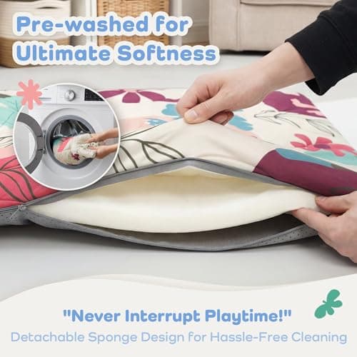 PaPaMat 1.5" Thick Premium Foam Baby Play Mat 50x50 Removable & Machine Washable Cover for Baby Tummy Time, Softness Easy Clean Waterproof & Non-Slip Backing Safe for Crawling (Floral) - Thumbnail 4