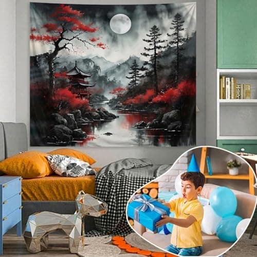 Atrippy Anime Japanese Wall Tapestry for Bedroom Aesthetic, Black Forest Moon Tapestry Wall Hanging, Vintage Nature Mountain Art Decor Tapestries Dark Landscape Backdrop for Living Room 51"X60" - Thumbnail 3
