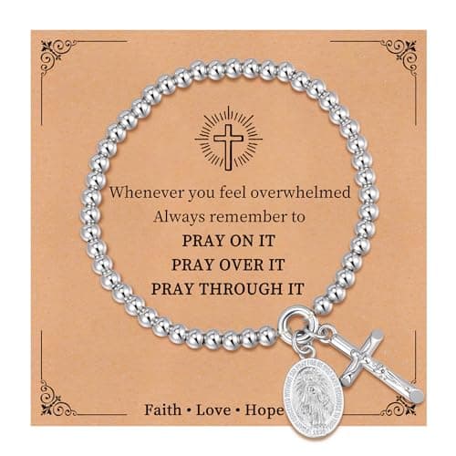 Goxygen Cross Virgin Mary Beaded Bracelet -14K Gold Plated Copper Stretch Bracelet, Dainty Elastic Bead Chain Gift for Her, Religious Jewelry for Baptism Confirmation Catholic (Faith·Love·Hope-Silver - Image 1