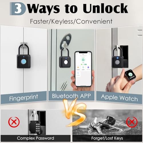 Keylesslife Fingerprint Padlock,Smart Padlock APP Control,Gym Locker Lock,Fingerprint Lock USB Rechargeable for Gym Locker,Locker, School,Storage Black - Thumbnail 2