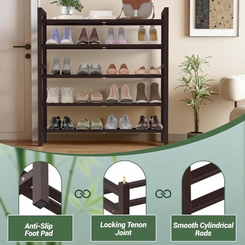 Haddockway Bamboo Shoe Rack for Closet, Free Standing Shoe Organizer with Smooth Round Rods & Convenient Handles, Stackable Shoe Storage Shelf for Entryway, Hallway(Brown, 5-Tier) - Thumbnail 6