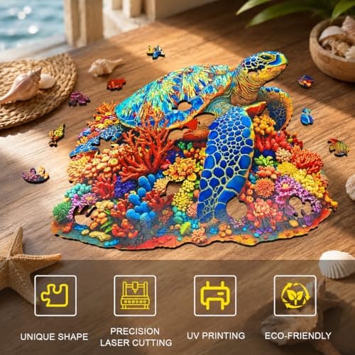 Sea Turtle Wooden Puzzle for Adults 300 Piece, Colorful Coral Turtle Jigsaw Puzzles for Adults, 5MM Unique Animal Shaped Wooden Puzzle, Challenging Ocean Turtle Puzzle for Friend Family Game 14.9*14in - Thumbnail 3
