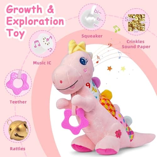 Baby Dino Plush Soft Stuffed Animal Toy for 0-3-6-12+ Months,Infant Musical Toy with Rattle,Squeaker,Sensory Crinkle,Teether & Textures,Tummy Time Toys Christmas Baby Gift for Newborn Girl(Pink) - Thumbnail 2