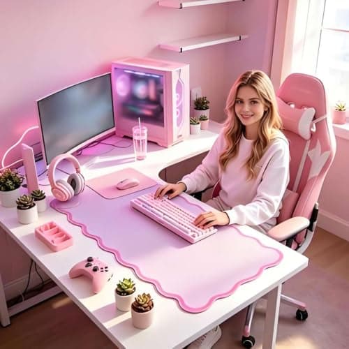 yuboo Pink Scalloped Desk Mat, 31" x 15.7" Large Waterproof Pastel Desk Mat Kawaii Cottagecore Aesthetic Desk Pad Desktop Keyboard Mouse Mat for Dorm Office Gaming Decor - Thumbnail 4